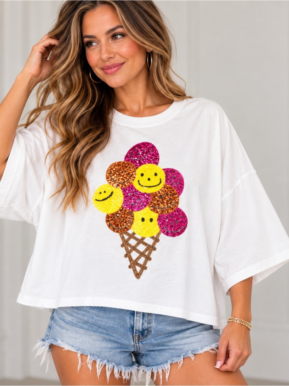 NEW Peach Love California Sequin Smiley Ice Cream Crop Top L